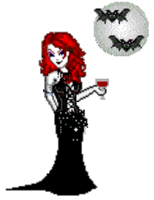 red haired doll in gothic clothing holding a wine glass with bats and a moon in the background